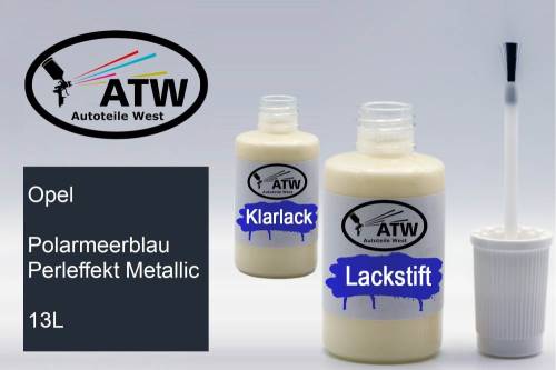 Opel, Polarmeerblau Perleffekt Metallic, 13L: 20ml Lackstift + 20ml Klarlack - Set, von ATW Autoteile West.